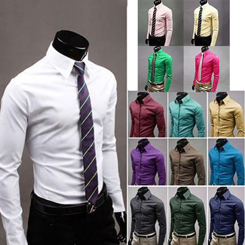 Men's Fashion Casual Solid Candy Color Long Sleeve Slim Fit Dress Shirt Top