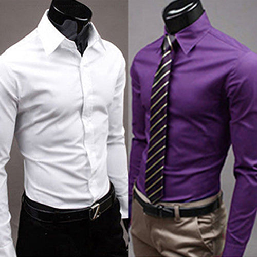 Men's Fashion Casual Solid Candy Color Long Sleeve Slim Fit Dress Shirt Top