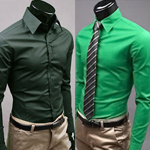 Men's Fashion Casual Solid Candy Color Long Sleeve Slim Fit Dress Shirt Top