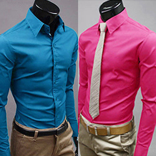 Men's Fashion Casual Solid Candy Color Long Sleeve Slim Fit Dress Shirt Top