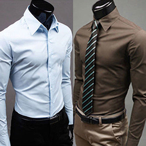 Men's Fashion Casual Solid Candy Color Long Sleeve Slim Fit Dress Shirt Top