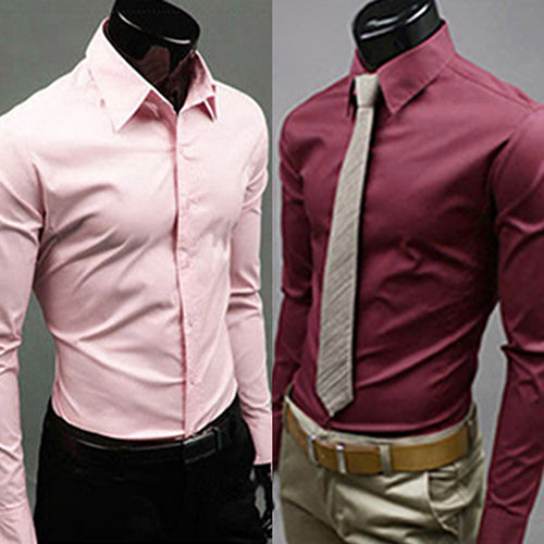 Men's Fashion Casual Solid Candy Color Long Sleeve Slim Fit Dress Shirt Top