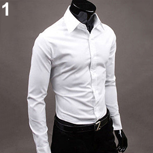 Men's Fashion Casual Solid Candy Color Long Sleeve Slim Fit Dress Shirt Top