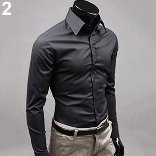 Men's Fashion Casual Solid Candy Color Long Sleeve Slim Fit Dress Shirt Top
