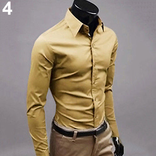Men's Fashion Casual Solid Candy Color Long Sleeve Slim Fit Dress Shirt Top