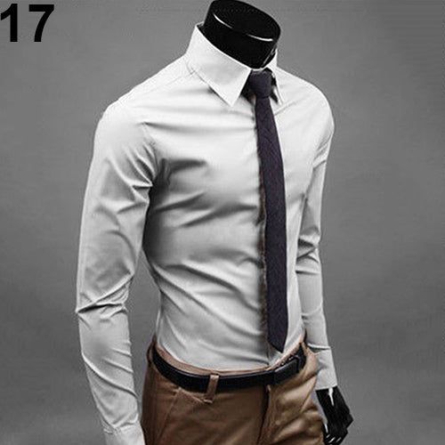 Men's Fashion Casual Solid Candy Color Long Sleeve Slim Fit Dress Shirt Top