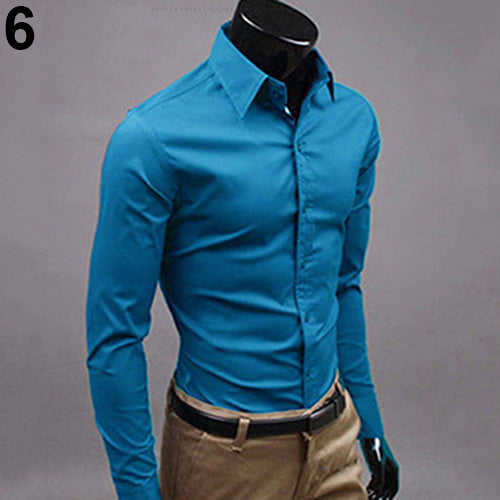 Men's Fashion Casual Solid Candy Color Long Sleeve Slim Fit Dress Shirt Top