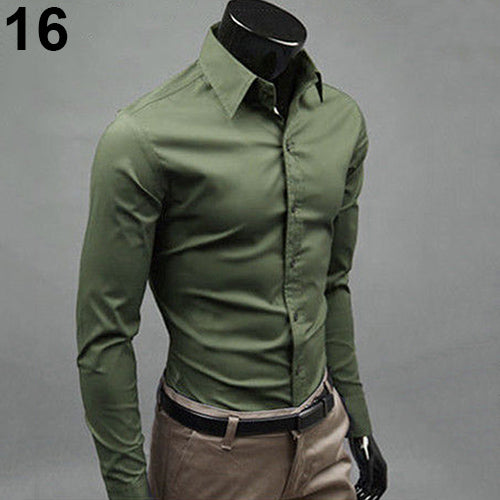 Men's Fashion Casual Solid Candy Color Long Sleeve Slim Fit Dress Shirt Top