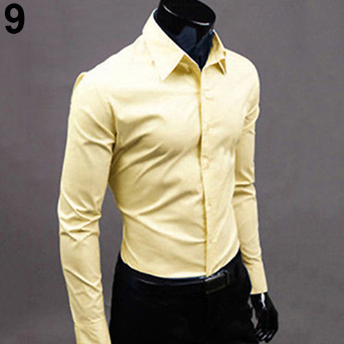 Men's Fashion Casual Solid Candy Color Long Sleeve Slim Fit Dress Shirt Top