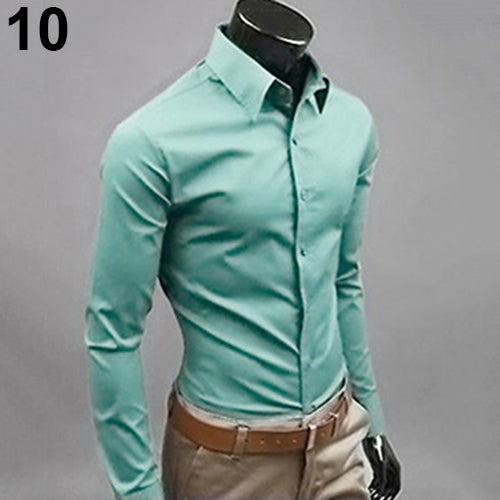 Men's Fashion Casual Solid Candy Color Long Sleeve Slim Fit Dress Shirt Top