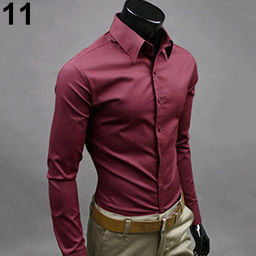 Men's Fashion Casual Solid Candy Color Long Sleeve Slim Fit Dress Shirt Top