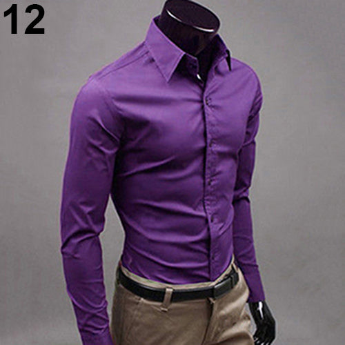 Men's Fashion Casual Solid Candy Color Long Sleeve Slim Fit Dress Shirt Top