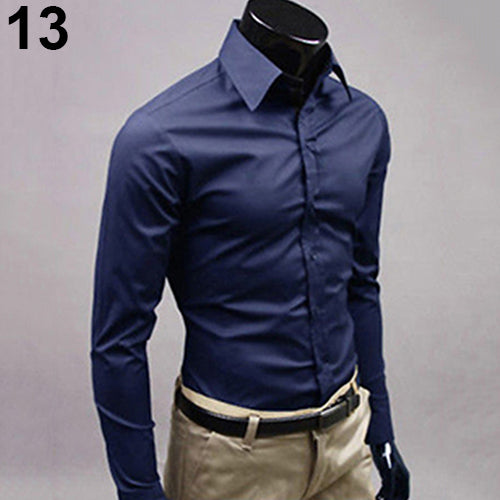 Men's Fashion Casual Solid Candy Color Long Sleeve Slim Fit Dress Shirt Top