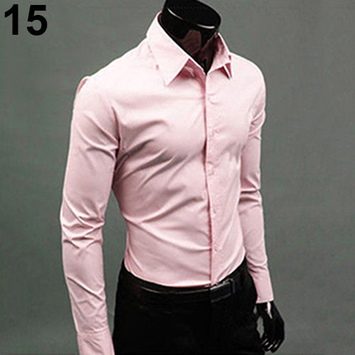 Men's Fashion Casual Solid Candy Color Long Sleeve Slim Fit Dress Shirt Top