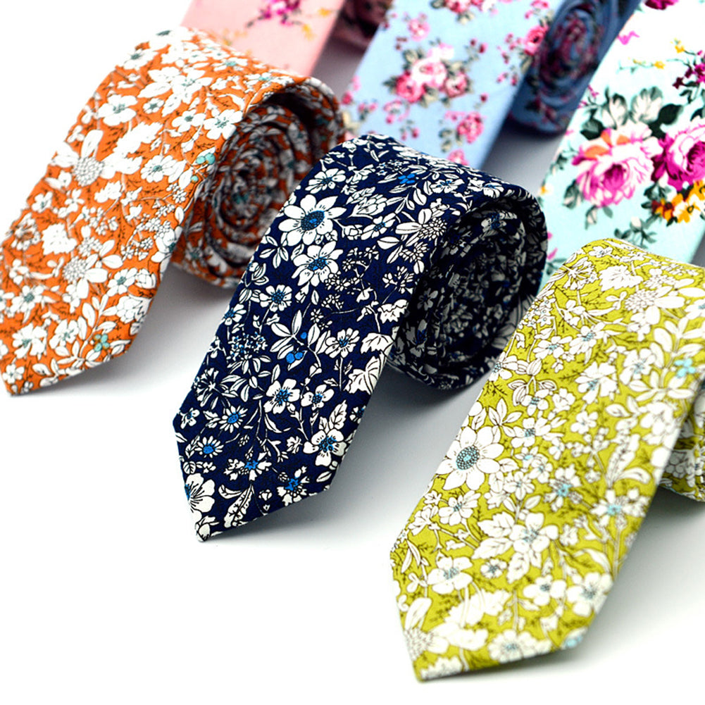 Floral Print Skinny Tie Men 6cm Cotton Necktie Wedding Party Business Decor