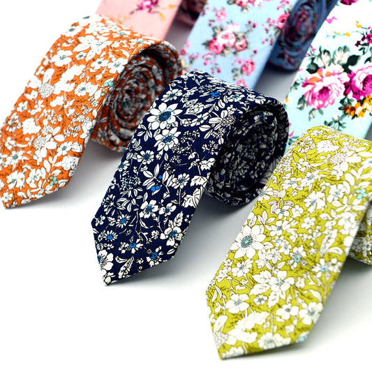 Floral Print Skinny Tie Men 6cm Cotton Necktie Wedding Party Business Decor