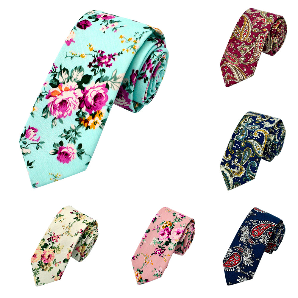 Floral Print Skinny Tie Men 6cm Cotton Necktie Wedding Party Business Decor