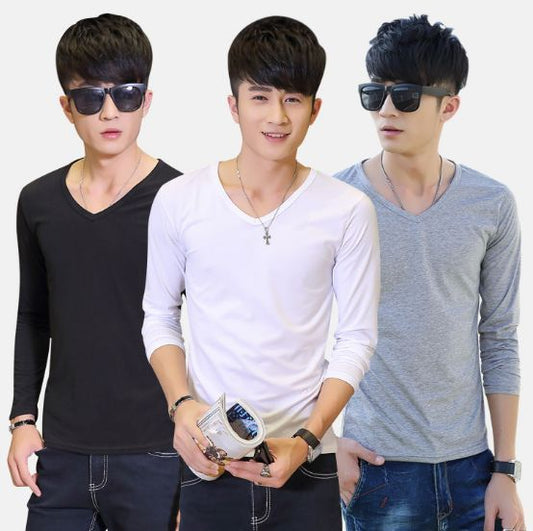 Long Sleeve Men's T-Shirt Slim Fit V-Neck Casual Solid Color Tee Bottoming Top