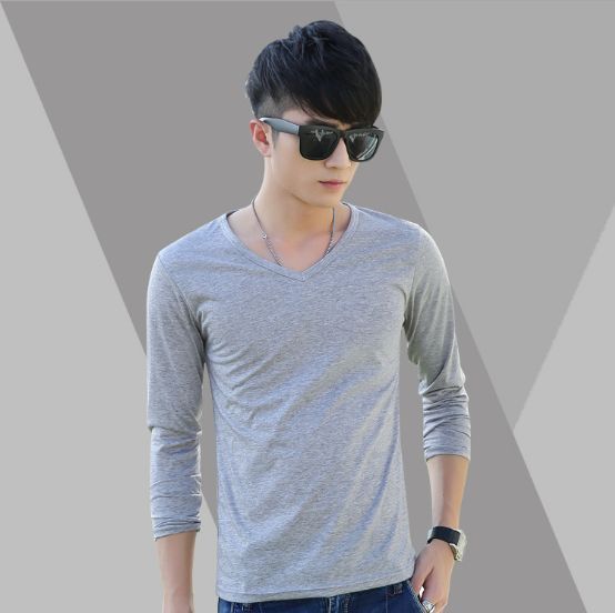 Long Sleeve Men's T-Shirt Slim Fit V-Neck Casual Solid Color Tee Bottoming Top