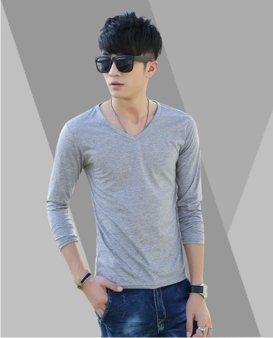 Long Sleeve Men's T-Shirt Slim Fit V-Neck Casual Solid Color Tee Bottoming Top