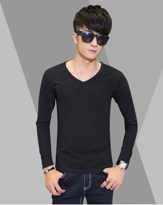 Long Sleeve Men's T-Shirt Slim Fit V-Neck Casual Solid Color Tee Bottoming Top