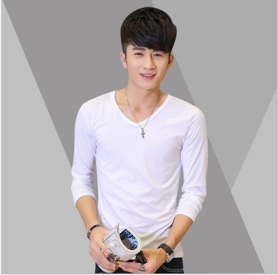 Long Sleeve Men's T-Shirt Slim Fit V-Neck Casual Solid Color Tee Bottoming Top