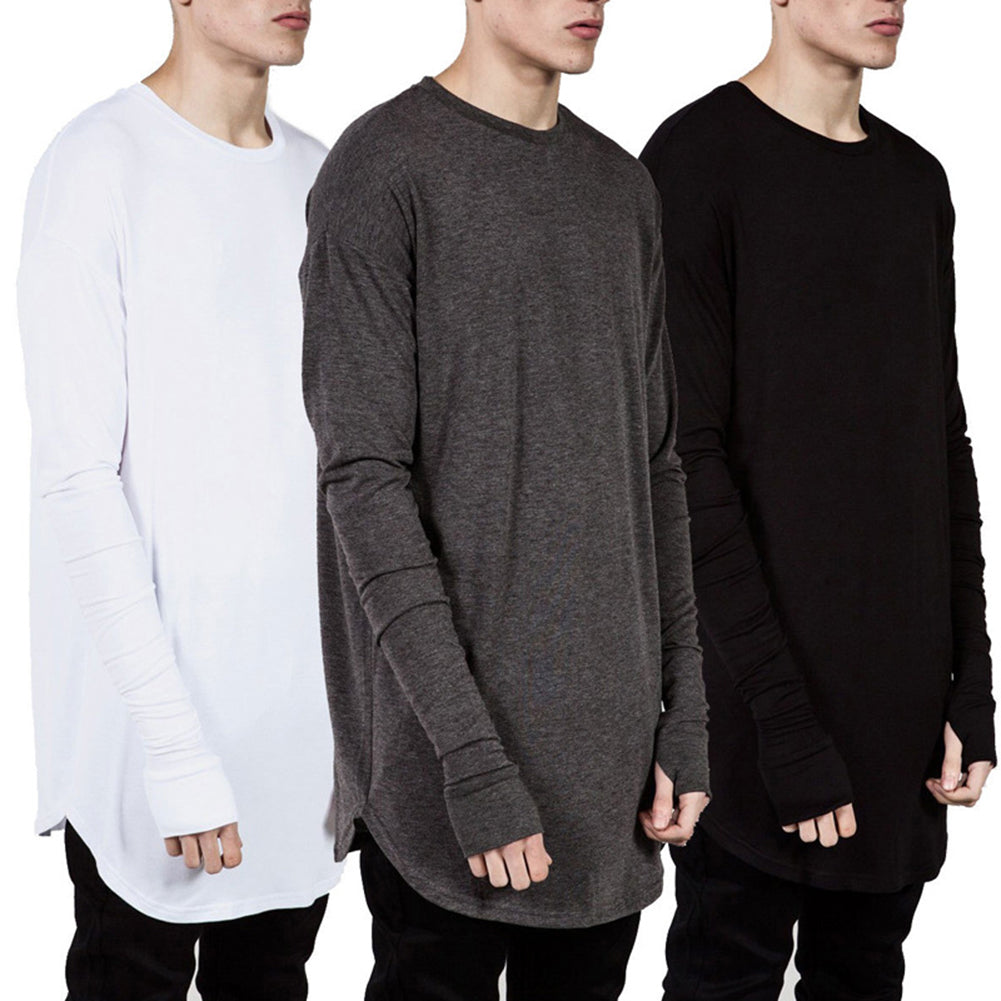 Solid Color Men Casual Long Sleeve T-shirt Thumb Hole Loose Pullover Hip Pop Top