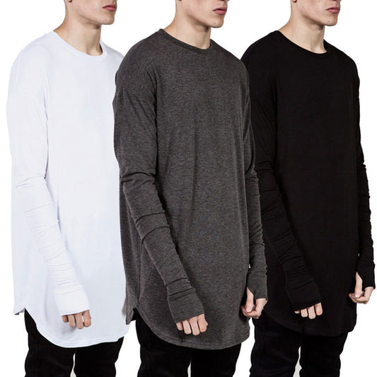 Solid Color Men Casual Long Sleeve T-shirt Thumb Hole Loose Pullover Hip Pop Top