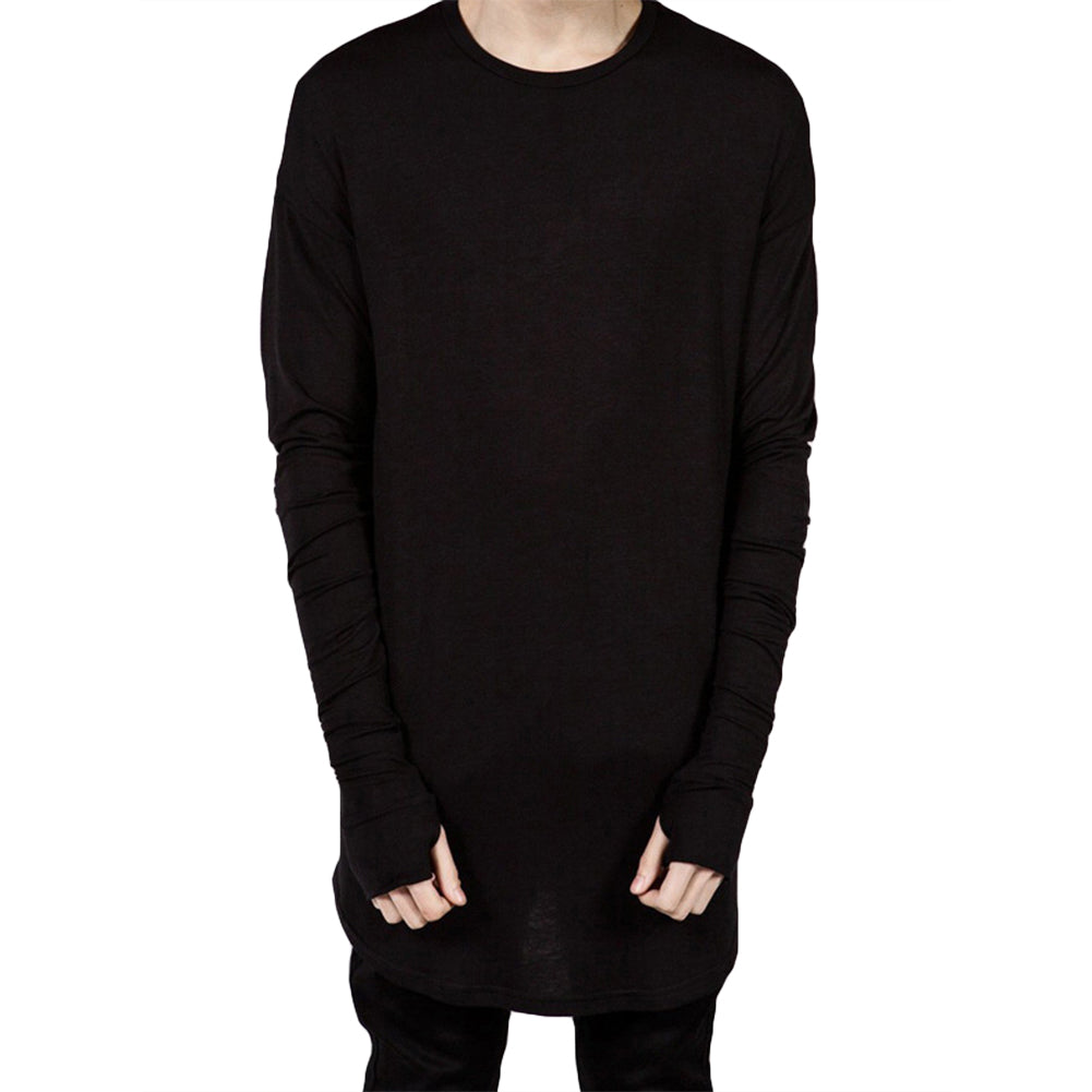 Solid Color Men Casual Long Sleeve T-shirt Thumb Hole Loose Pullover Hip Pop Top