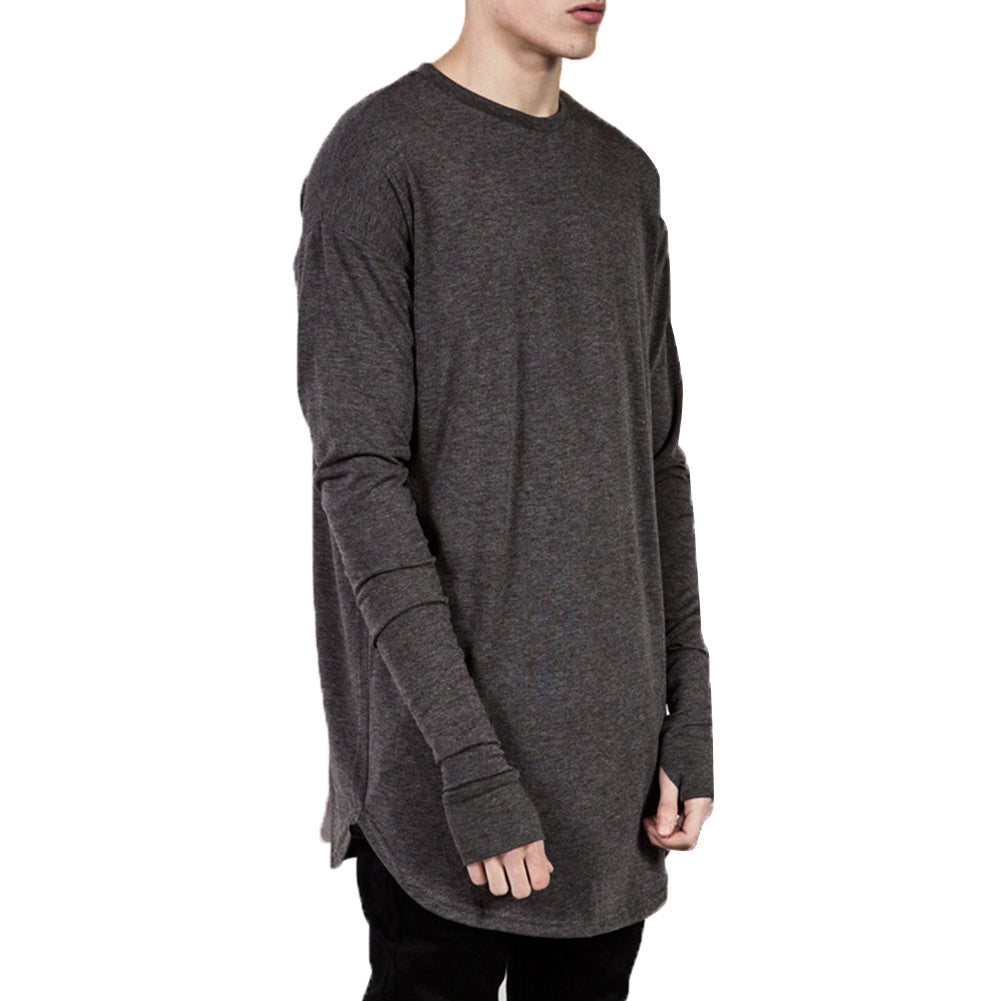 Solid Color Men Casual Long Sleeve T-shirt Thumb Hole Loose Pullover Hip Pop Top