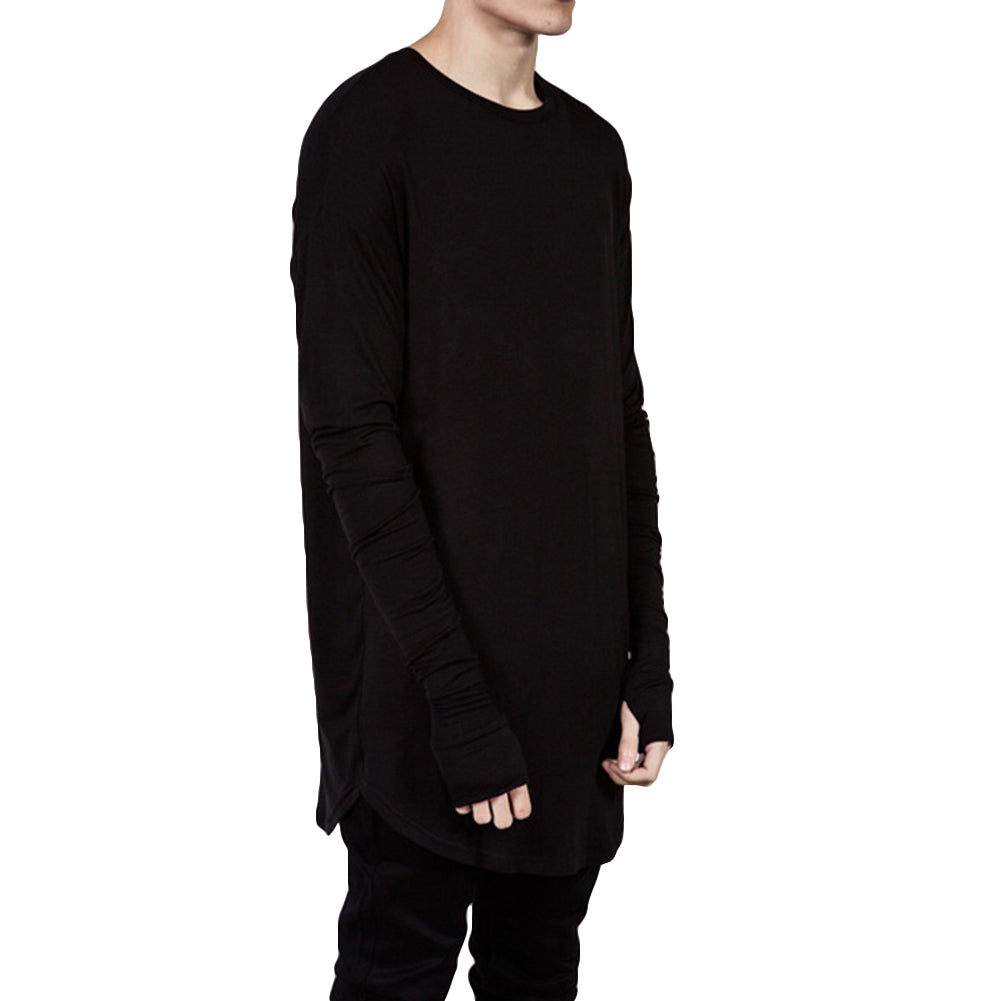 Solid Color Men Casual Long Sleeve T-shirt Thumb Hole Loose Pullover Hip Pop Top