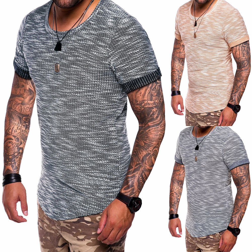 Travel Beach Short Sleeve Summer Top Men Solid Color Crew Neck Slim Tee T-Shirt