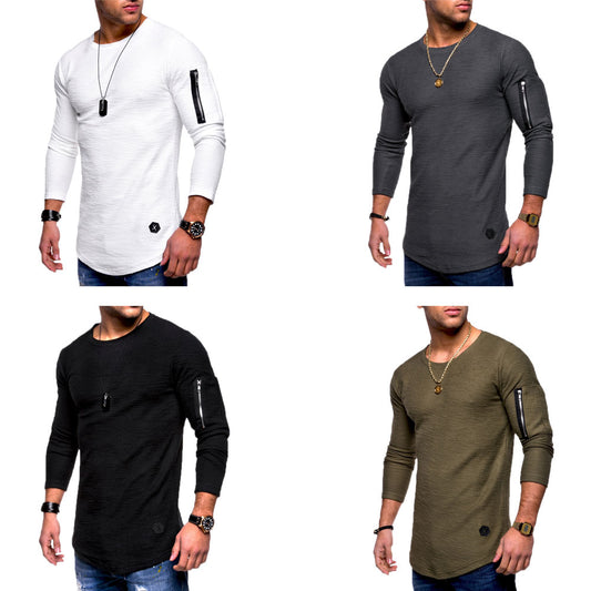 Men Fashion Soft Zipper Solid Color Long Sleeve Crew Neck T-Shirt Top Tee Gift