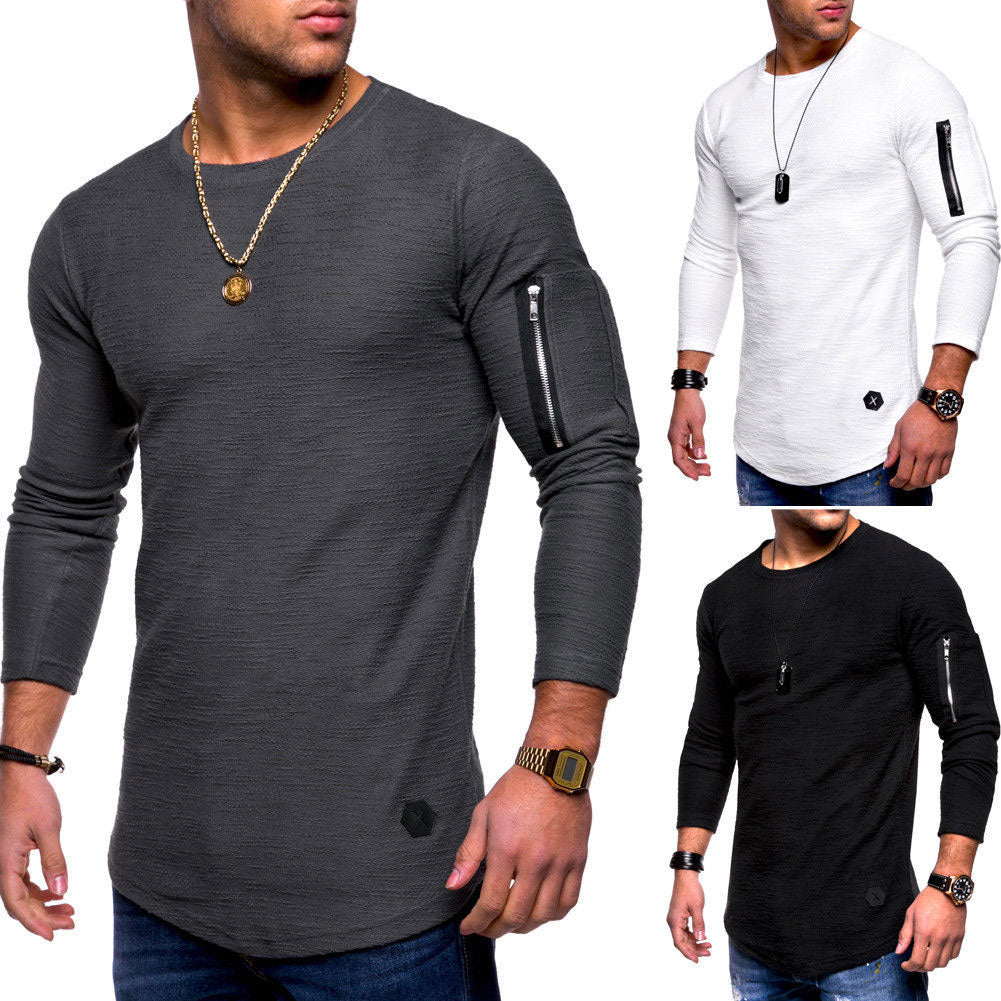 Men Fashion Soft Zipper Solid Color Long Sleeve Crew Neck T-Shirt Top Tee Gift