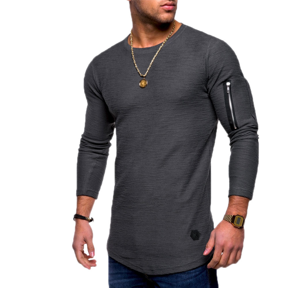Men Fashion Soft Zipper Solid Color Long Sleeve Crew Neck T-Shirt Top Tee Gift