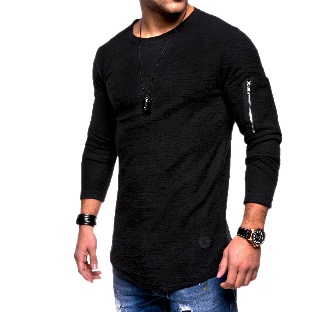 Men Fashion Soft Zipper Solid Color Long Sleeve Crew Neck T-Shirt Top Tee Gift