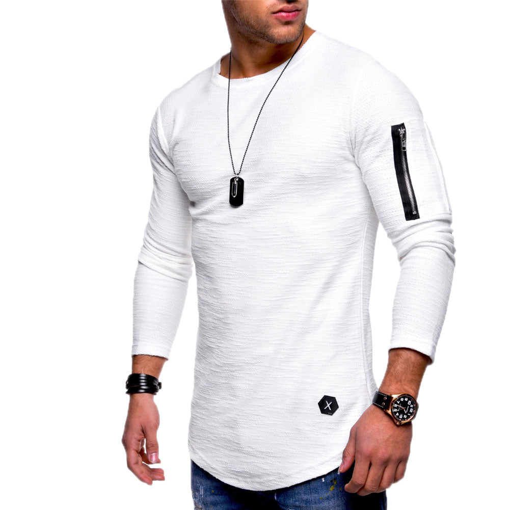 Men Fashion Soft Zipper Solid Color Long Sleeve Crew Neck T-Shirt Top Tee Gift