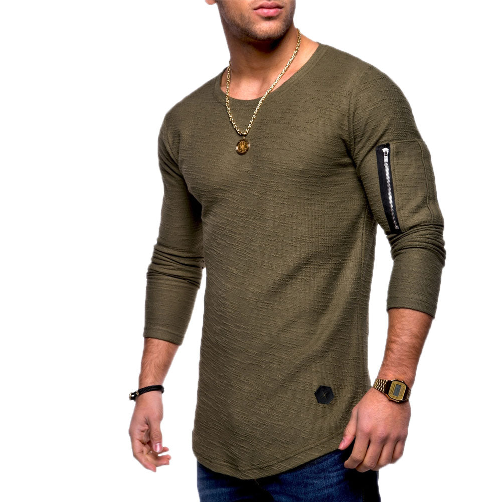 Men Fashion Soft Zipper Solid Color Long Sleeve Crew Neck T-Shirt Top Tee Gift