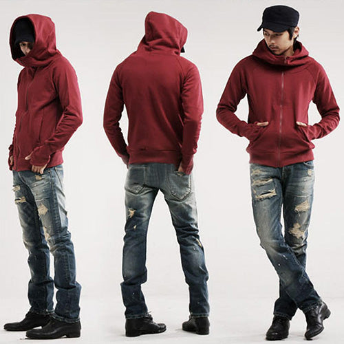 Cool Men Winter Warm Solid Color Gloves Sleeve Hooded Sweatshirt Outwear Jacket