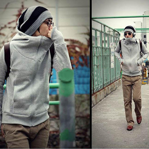 Cool Men Winter Warm Solid Color Gloves Sleeve Hooded Sweatshirt Outwear Jacket