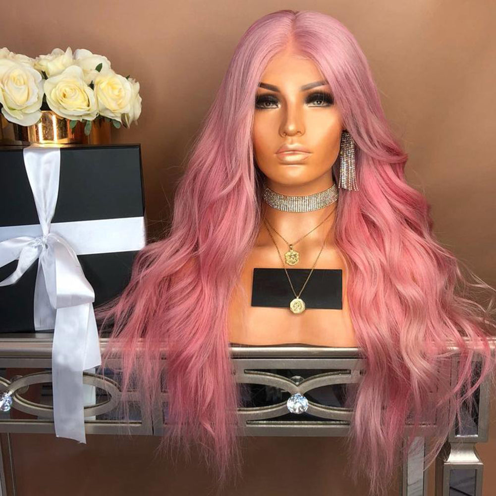 Fashion Pink Long Wavy Side Parting Natural Wig Women Cosplay Party Hairpiece