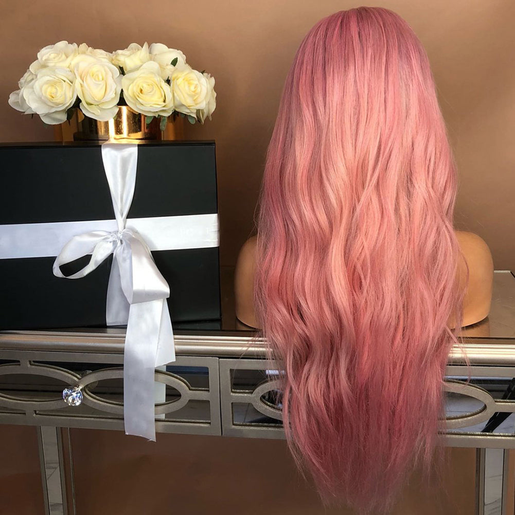 Fashion Pink Long Wavy Side Parting Natural Wig Women Cosplay Party Hairpiece