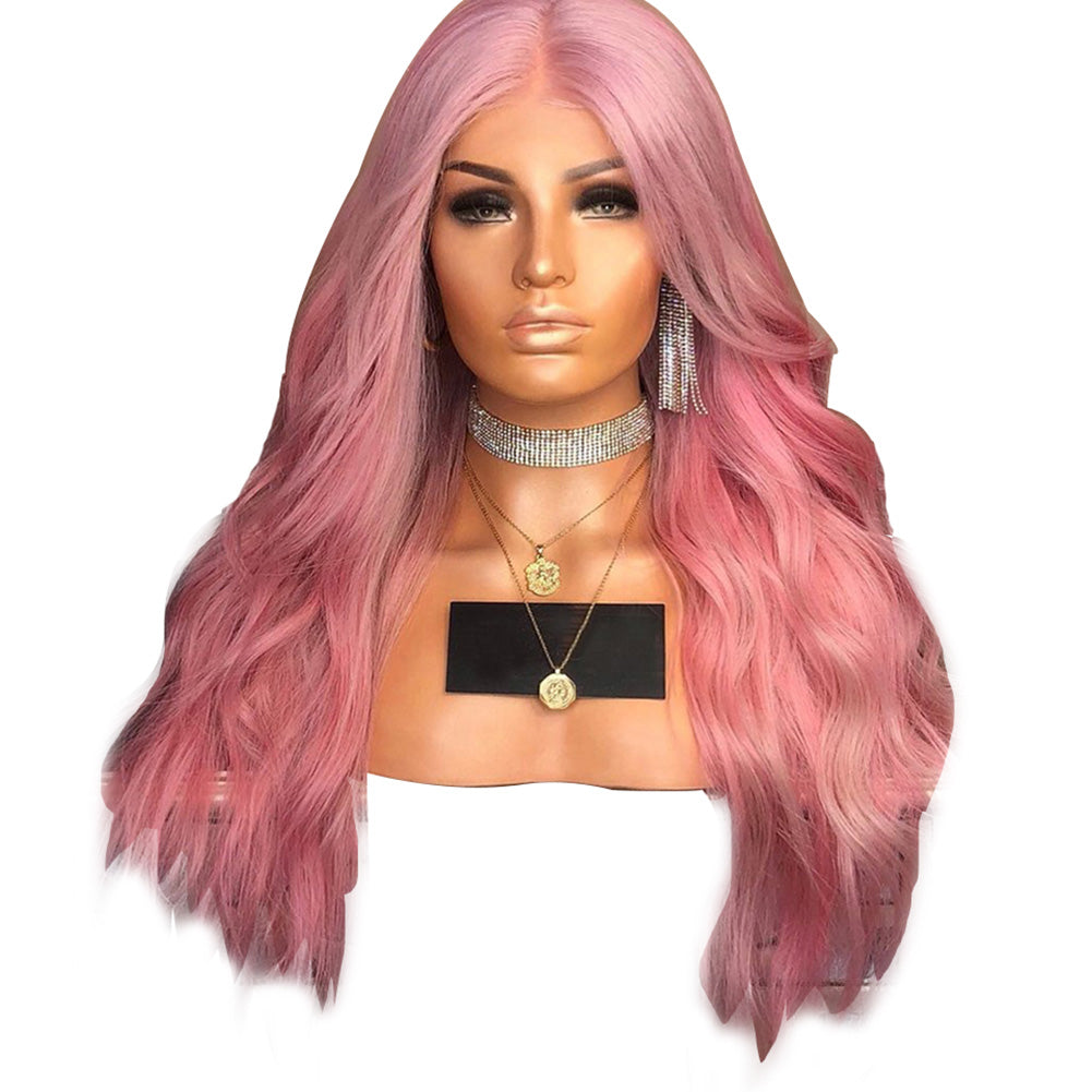 Fashion Pink Long Wavy Side Parting Natural Wig Women Cosplay Party Hairpiece