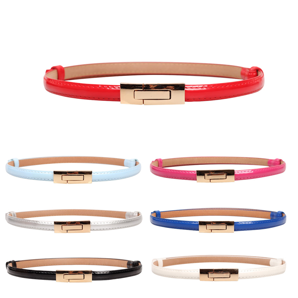 Fashion Faux Leather Women Slim Belt Metal Buckle Solid Color Strap Waistband