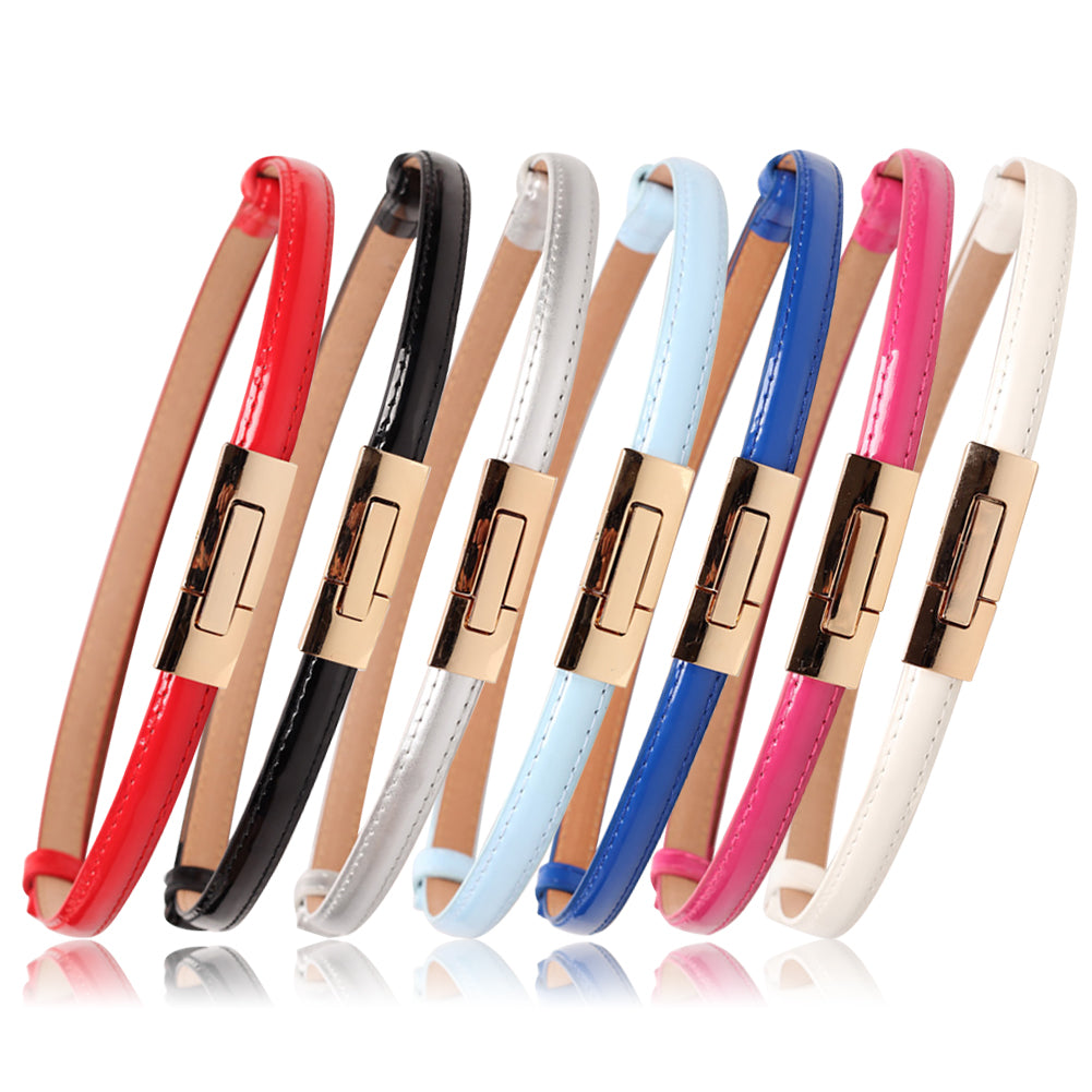 Fashion Faux Leather Women Slim Belt Metal Buckle Solid Color Strap Waistband