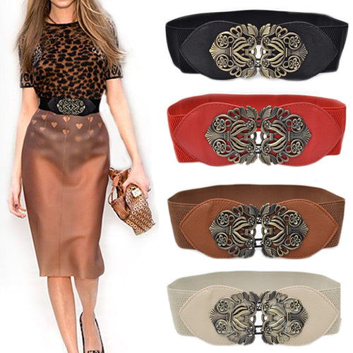 Women Vintage Adjustable Flower Elastic Stretch Buckle Wide Waist Belt Waistband