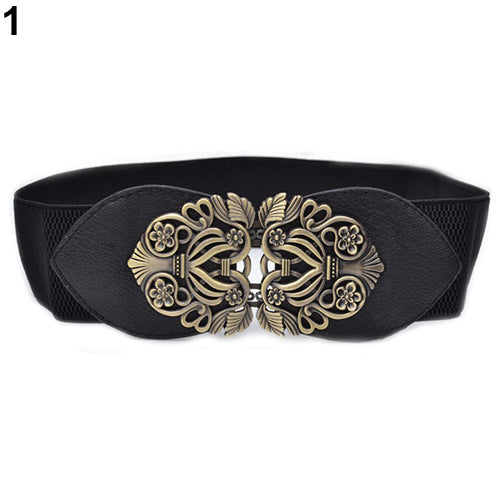 Women Vintage Adjustable Flower Elastic Stretch Buckle Wide Waist Belt Waistband