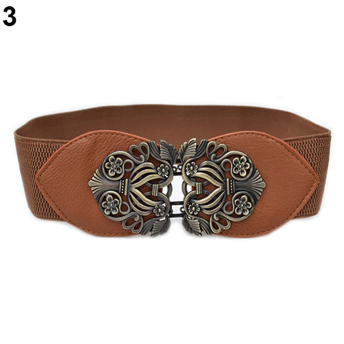 Women Vintage Adjustable Flower Elastic Stretch Buckle Wide Waist Belt Waistband