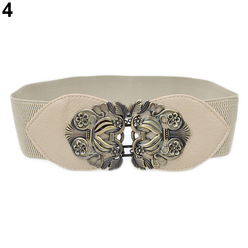 Women Vintage Adjustable Flower Elastic Stretch Buckle Wide Waist Belt Waistband