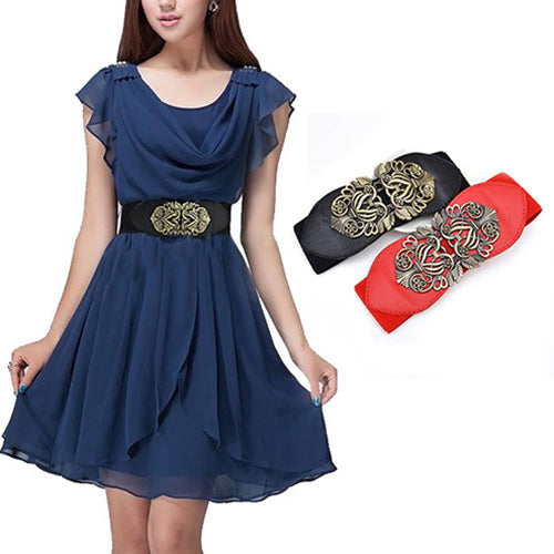 Women Vintage Adjustable Flower Elastic Stretch Buckle Wide Waist Belt Waistband